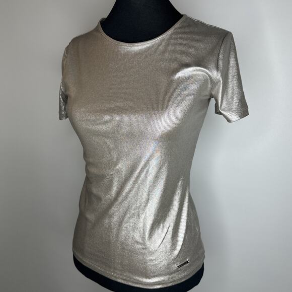 Nine West Metallic Ribbed Stretch T-Shirt XS Silver Brown Cybercore Y2K Top - Picture 1 of 10